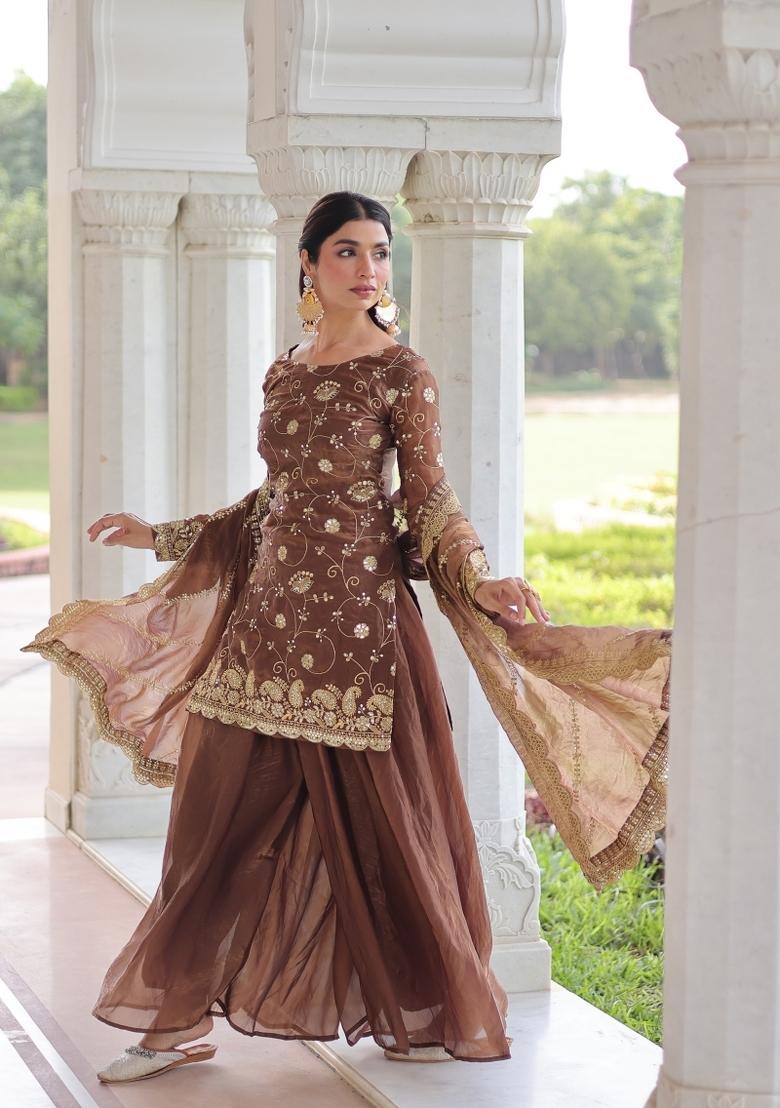 Coffee Embroidered Fendi Anarkali Set - Indya