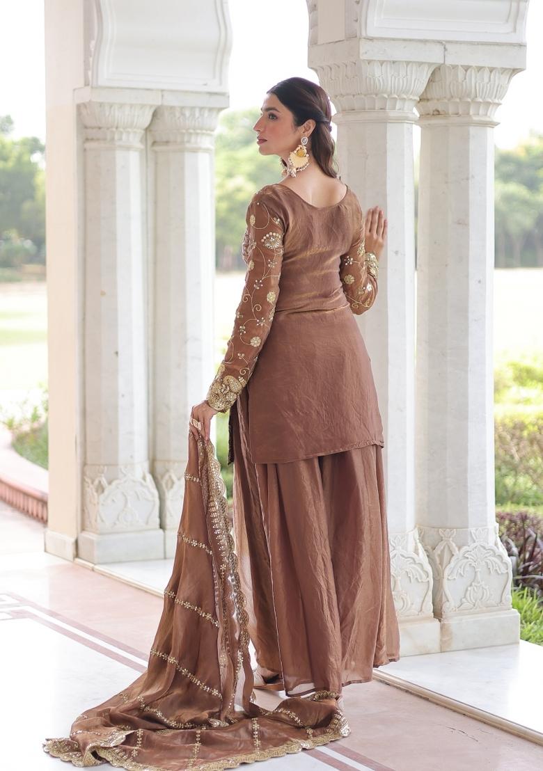 Coffee Embroidered Fendi Anarkali Set - Indya