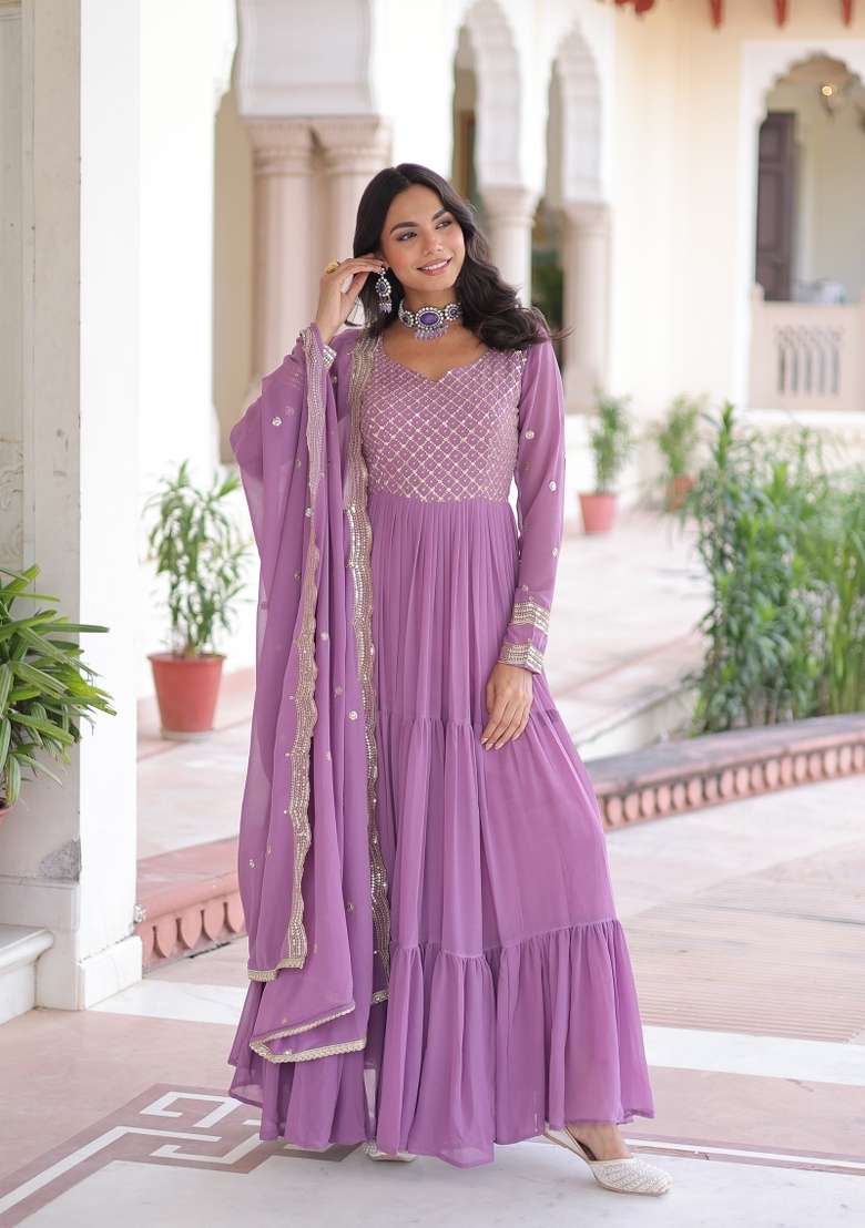 Purple Embroidered Georgette Anarkali With Dupatta - Indya