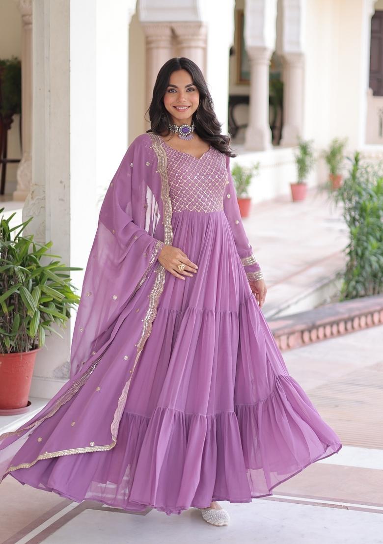 Purple Embroidered Georgette Anarkali With Dupatta - Indya