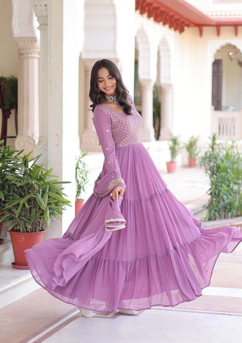 Purple Embroidered Georgette Anarkali With Dupatta - Indya