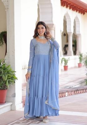 Sky Blue Embroidered Georgette Anarkali With Dupatta