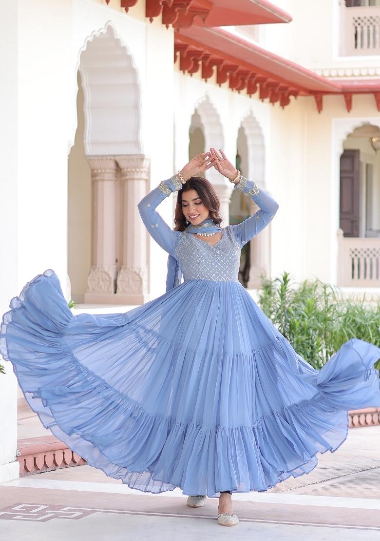 Sky Blue Embroidered Georgette Anarkali With Dupatta - Indya