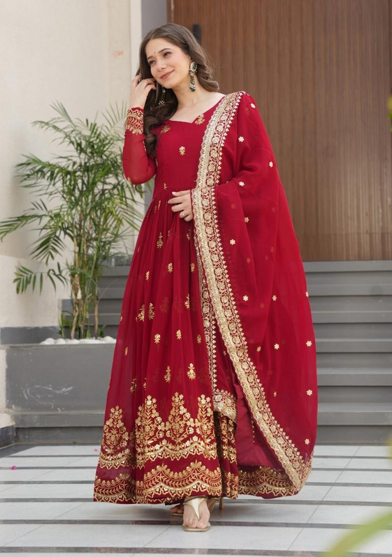 Maroon Embroidered Faux Blooming Anarkali With Dupatta - Indya