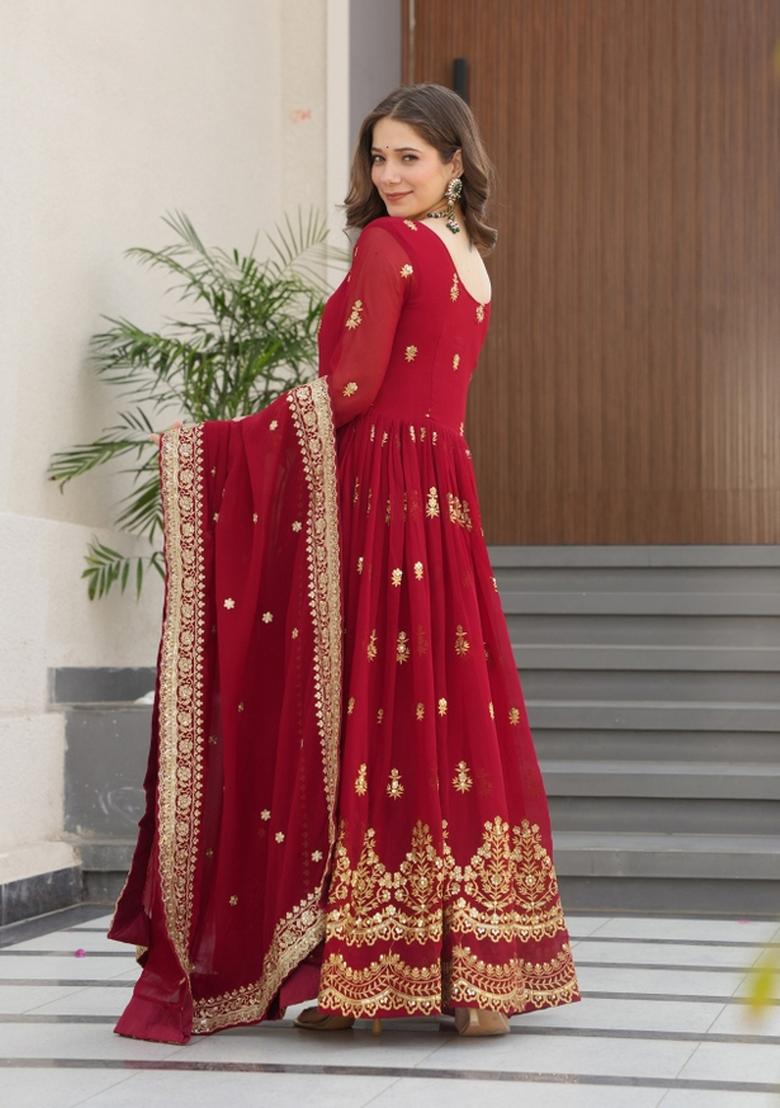Maroon Embroidered Faux Blooming Anarkali With Dupatta - Indya