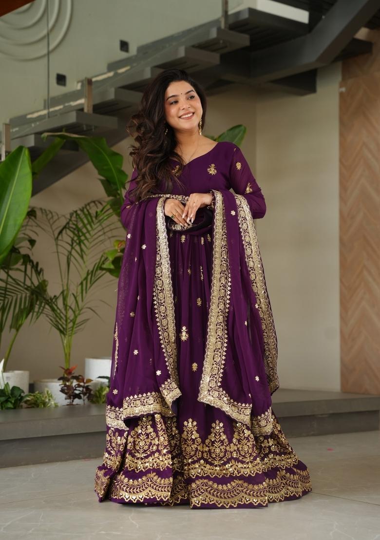 Purple Embroidered Faux Blooming Anarkali With Dupatta - Indya