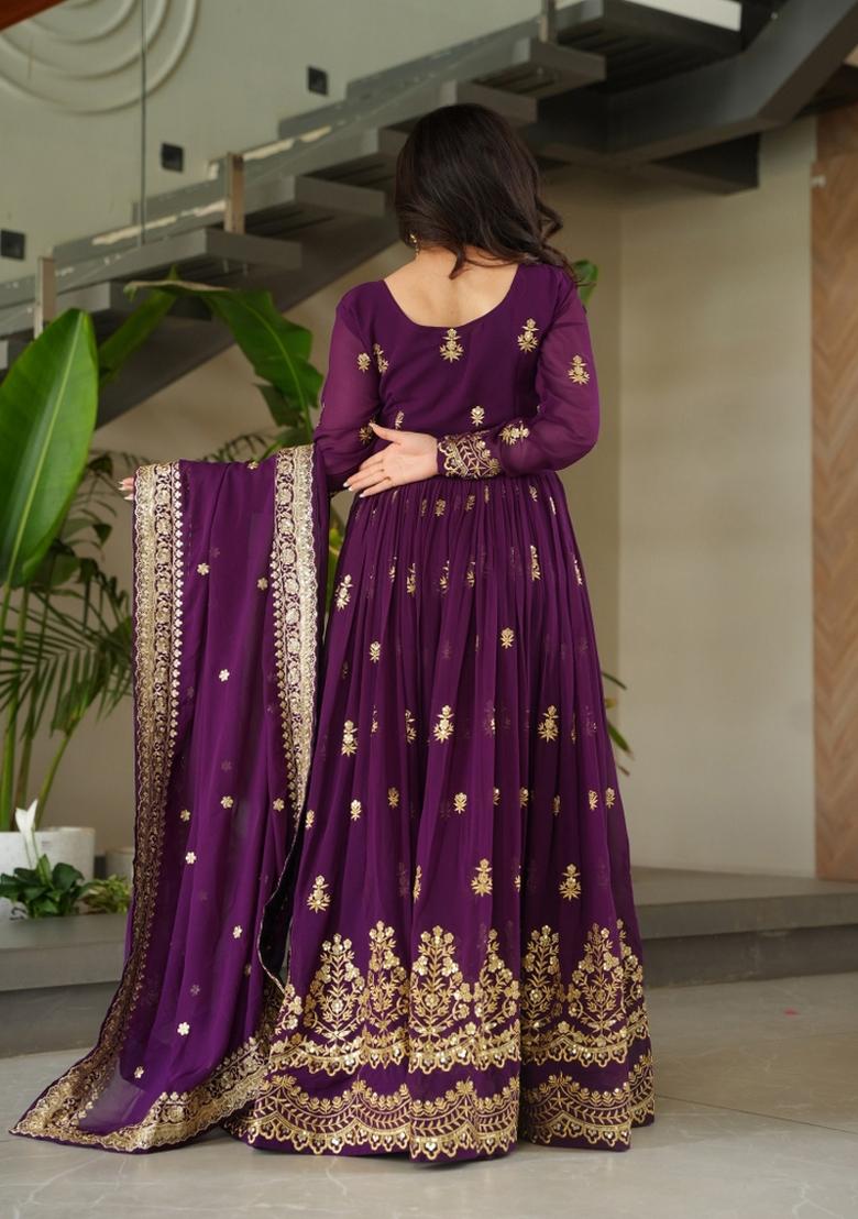 Purple Embroidered Faux Blooming Anarkali With Dupatta - Indya