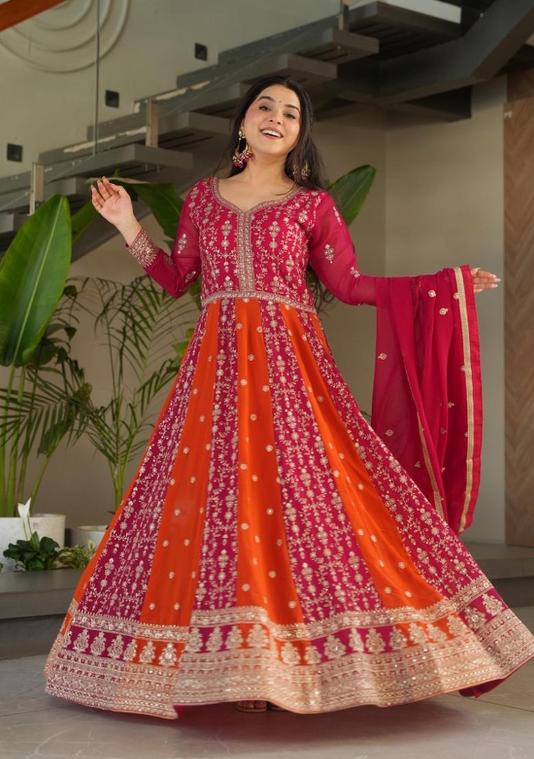 Pink Embroidered Faux Blooming Anarkali With Dupatta - Indya