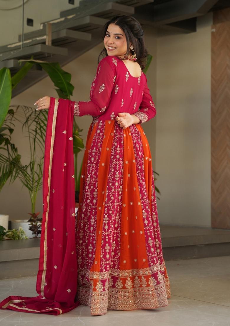 Pink Embroidered Faux Blooming Anarkali With Dupatta - Indya