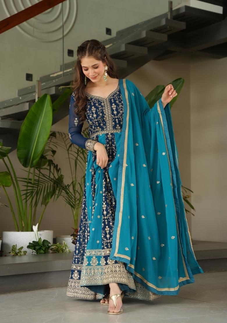 Rama Embroidered Faux Blooming Anarkali With Dupatta - Indya