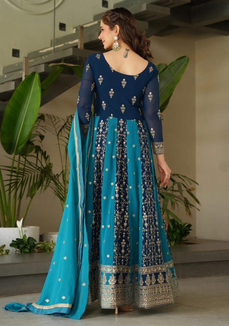 Rama Embroidered Faux Blooming Anarkali With Dupatta - Indya