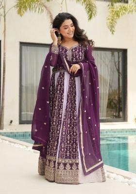 Wine Embroidered Faux Blooming Anarkali With Dupatta