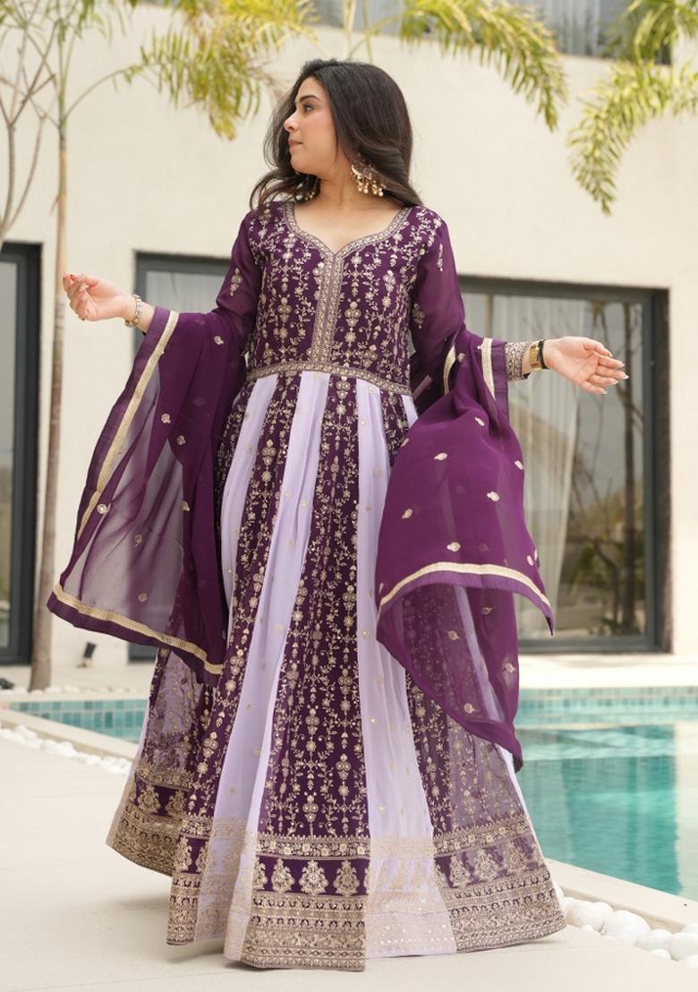Wine Embroidered Faux Blooming Anarkali With Dupatta - Indya