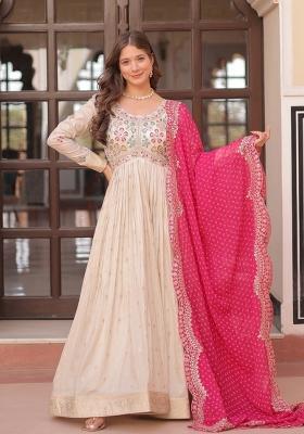 Pink Embroidered Cosmos Anarkali With Dupatta
