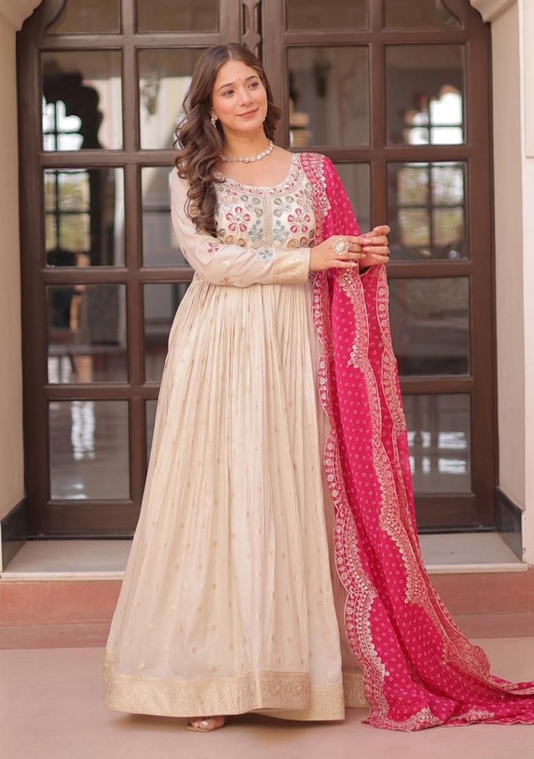 Pink Embroidered Cosmos Anarkali With Dupatta - Indya