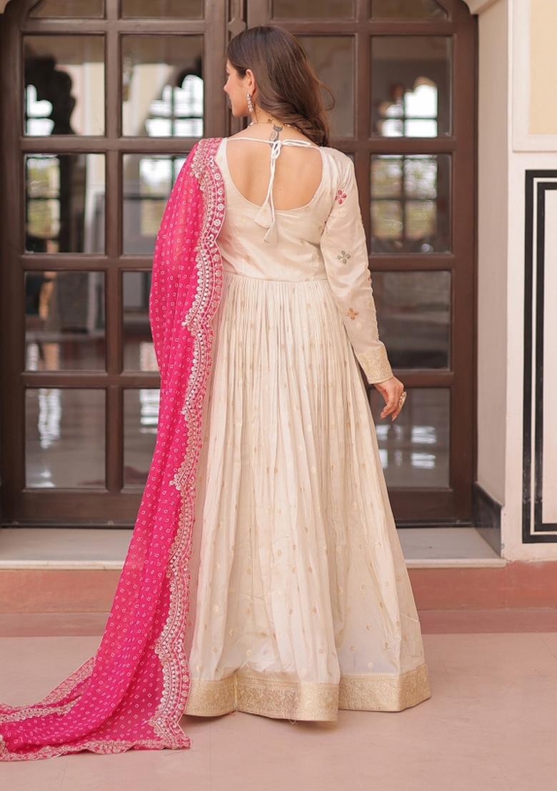 Pink Embroidered Cosmos Anarkali With Dupatta - Indya