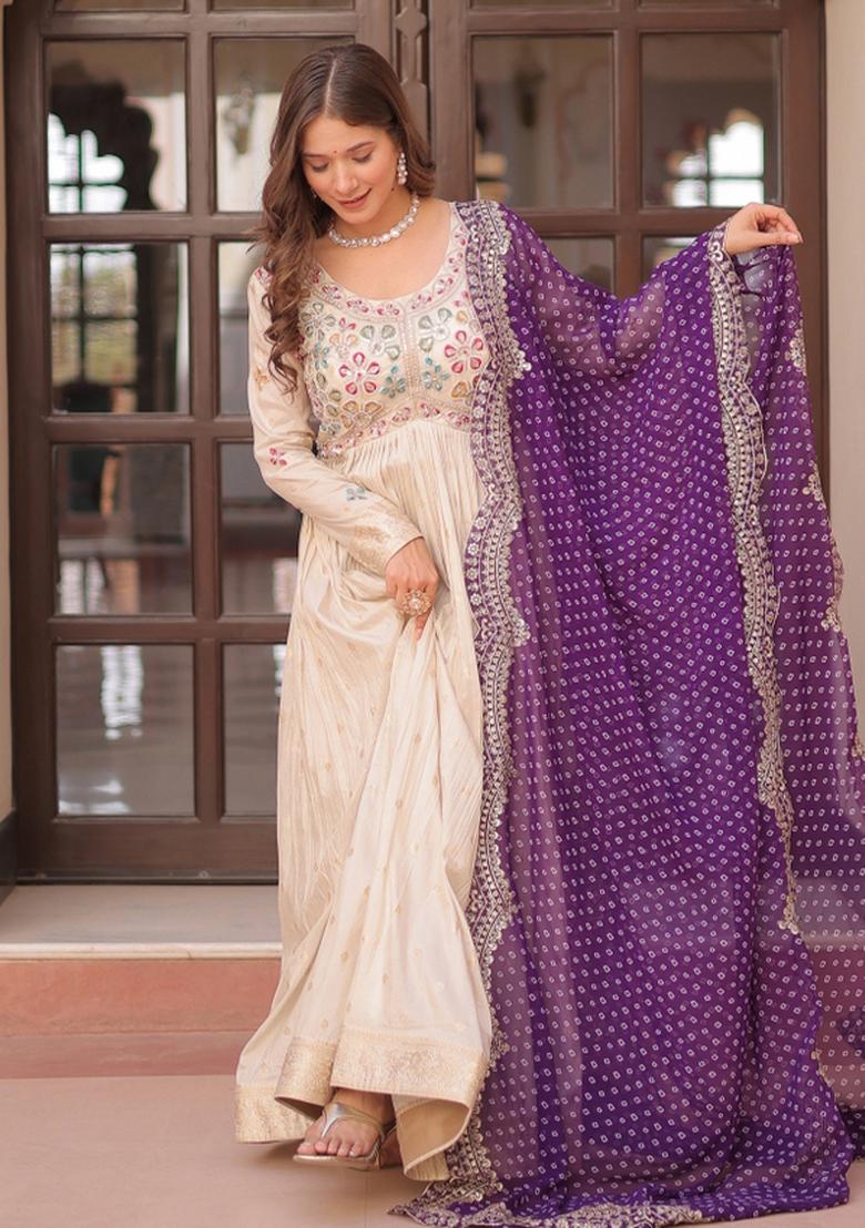 Purple Embroidered Cosmos Anarkali With Dupatta - Indya