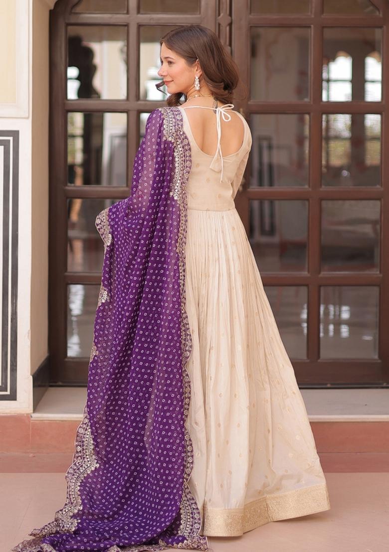 Purple Embroidered Cosmos Anarkali With Dupatta - Indya