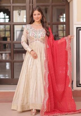 Red Embroidered Cosmos Anarkali With Dupatta