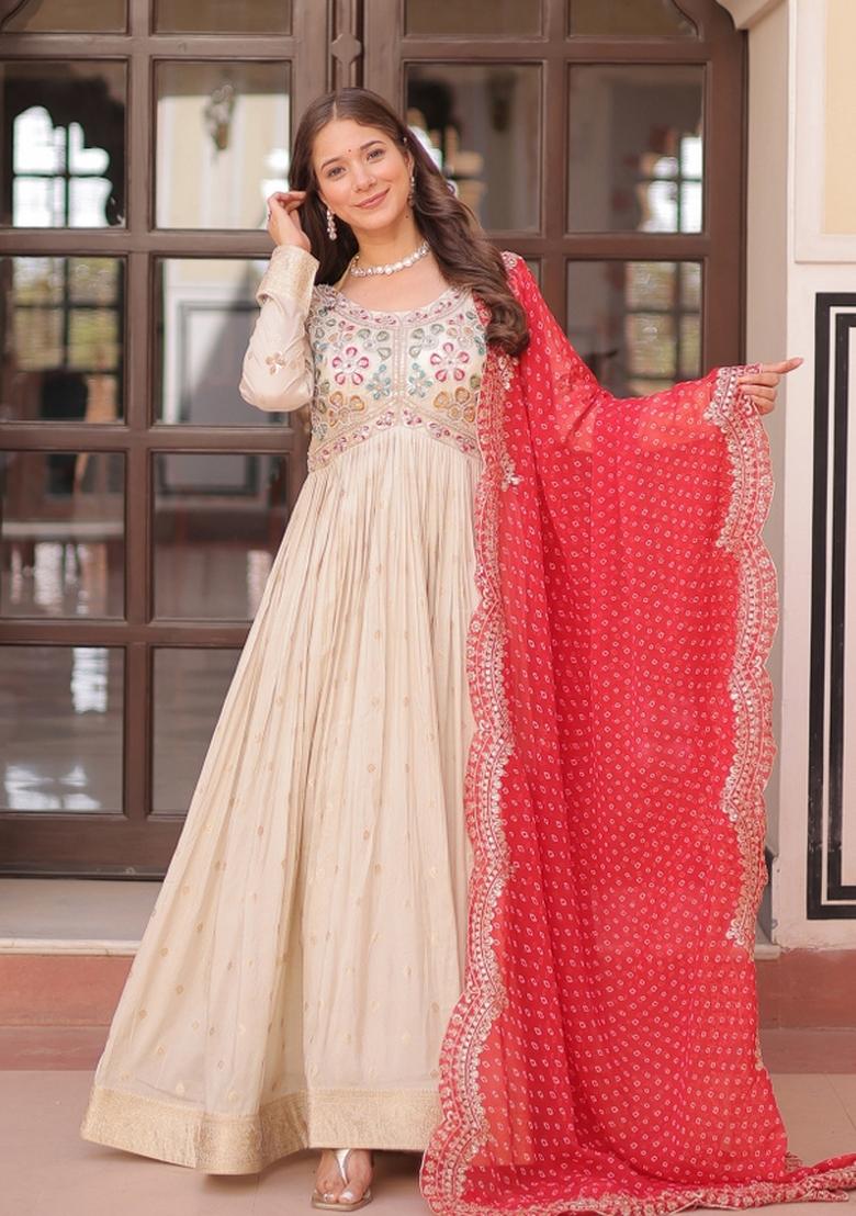 Red Embroidered Cosmos Anarkali With Dupatta - Indya