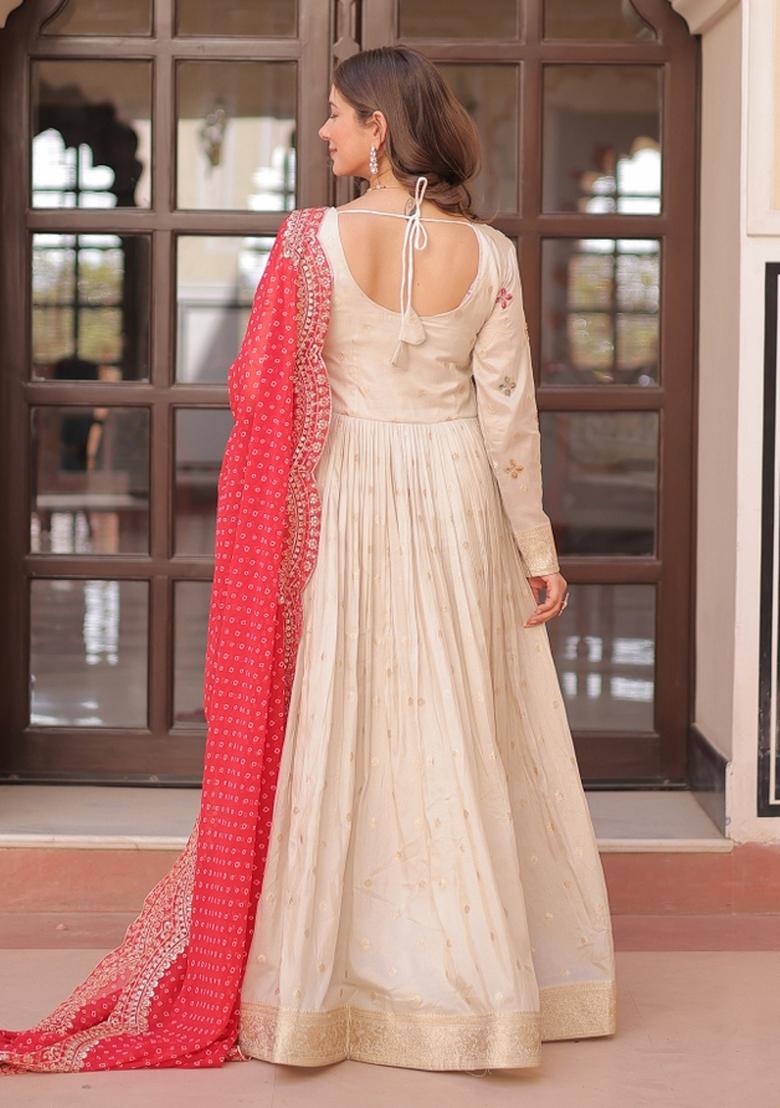 Red Embroidered Cosmos Anarkali With Dupatta - Indya