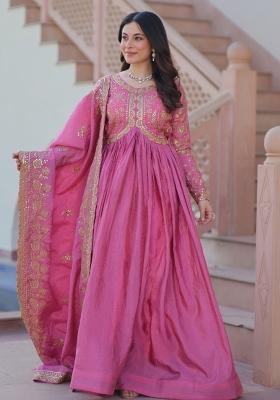 Pink Embroidered Gold Crush Anarkali With Dupatta