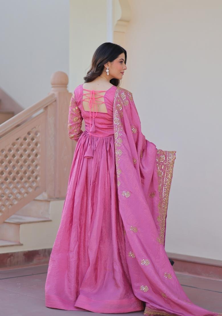 Pink Embroidered Gold Crush Anarkali With Dupatta - Indya