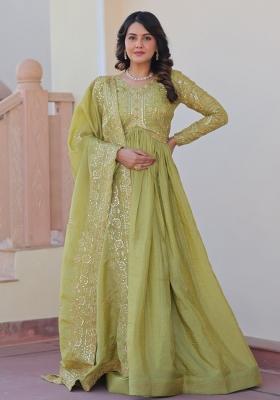 Pista Embroidered Gold Crush Anarkali With Dupatta