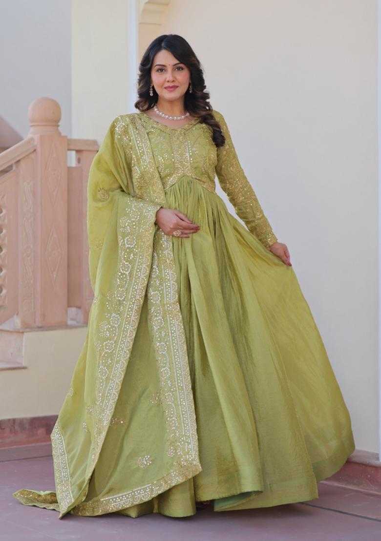Pista Embroidered Gold Crush Anarkali With Dupatta - Indya