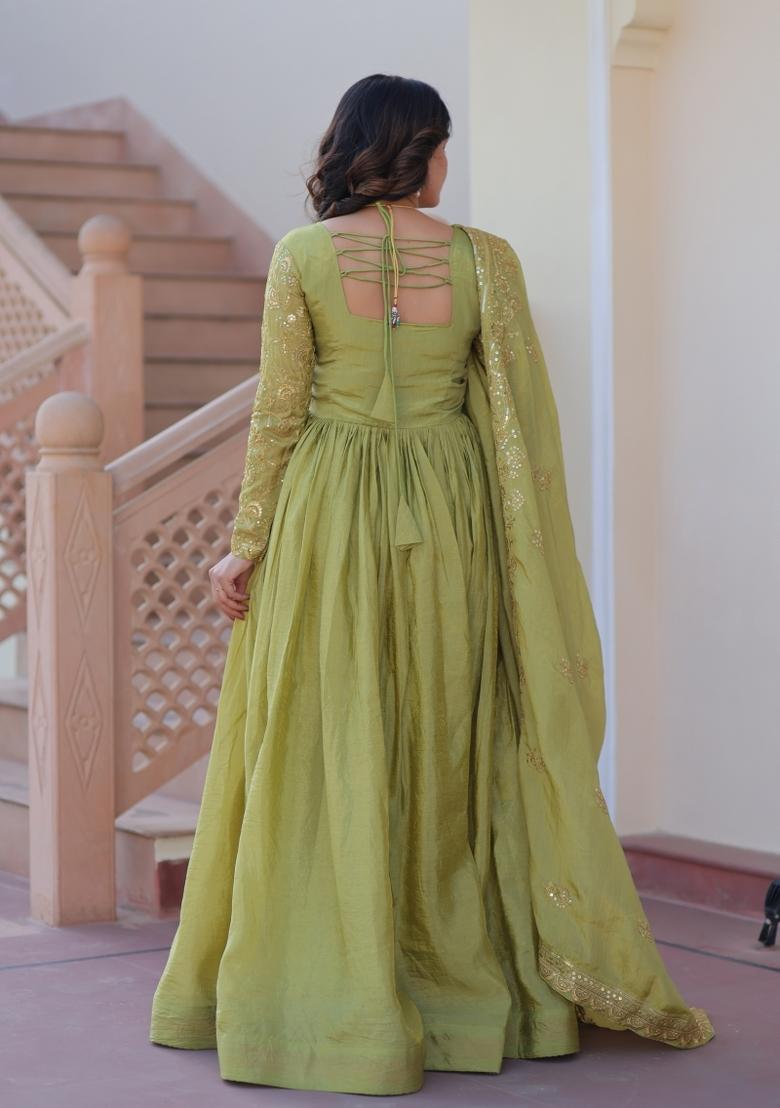 Pista Embroidered Gold Crush Anarkali With Dupatta - Indya