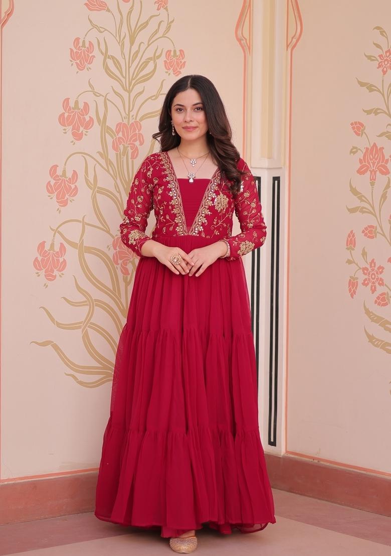 Pink Embroidered Faux Blooming Anarkali - Indya