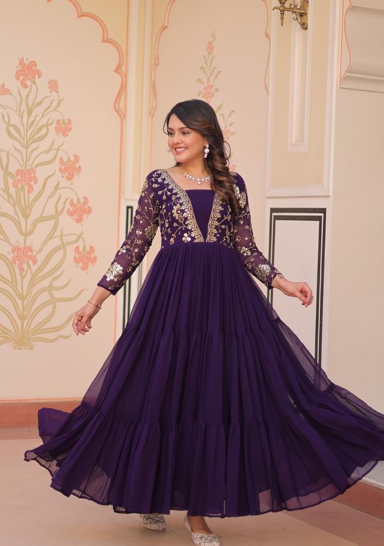 Purple Embroidered Faux Blooming Anarkali - Indya
