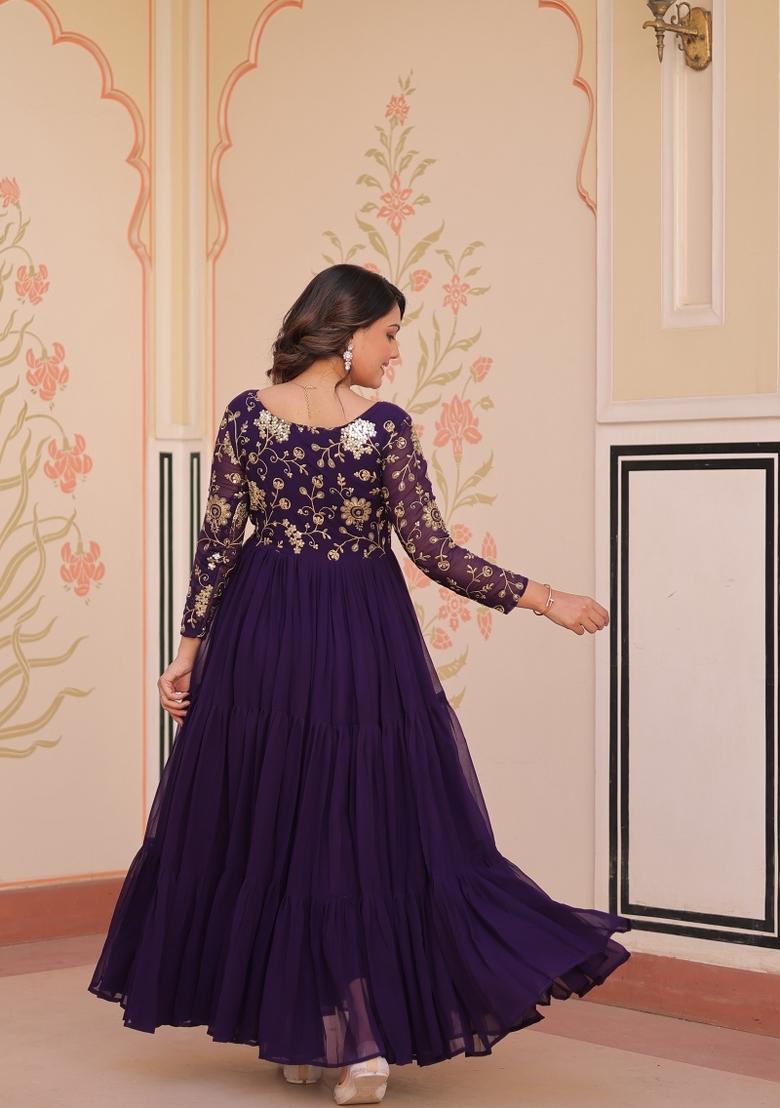 Purple Embroidered Faux Blooming Anarkali - Indya
