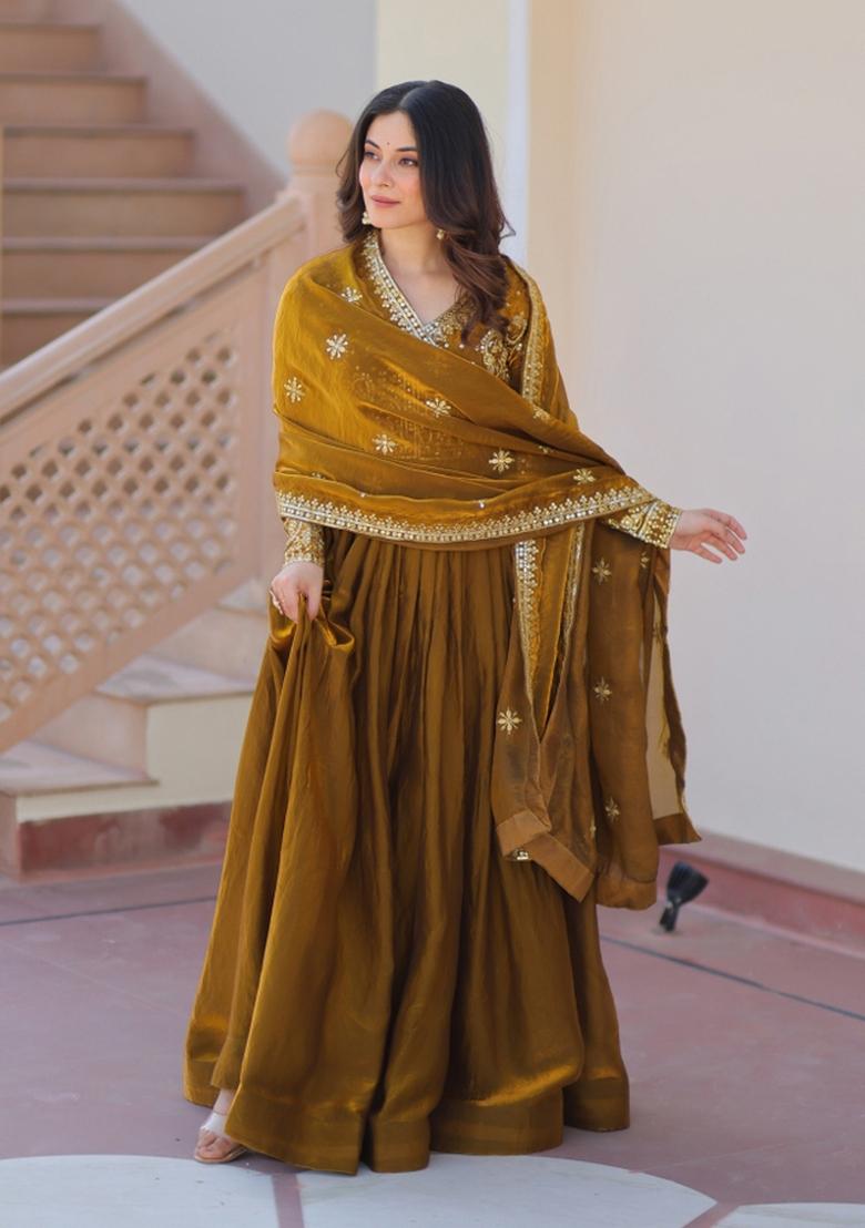 Mehendi Embroidered Fendi Anarkali With Dupatta - Indya