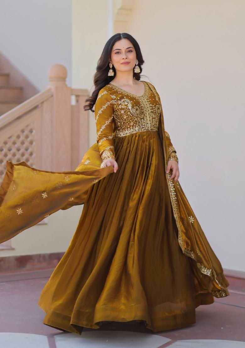 Mehendi Embroidered Fendi Anarkali With Dupatta - Indya