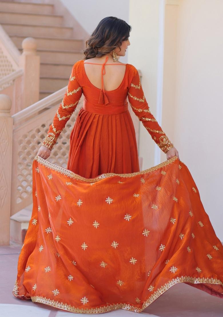 Orange Embroidered Fendi Anarkali With Dupatta - Indya