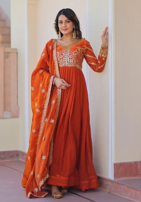 Orange Embroidered Fendi Anarkali With Dupatta