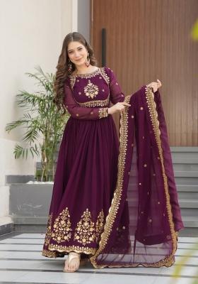 Wine Embroidered Georgette Anarkali With Dupatta