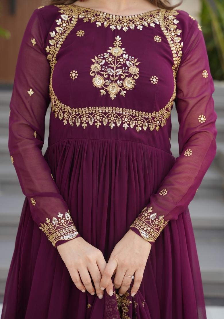 Wine Embroidered Georgette Anarkali With Dupatta - Indya