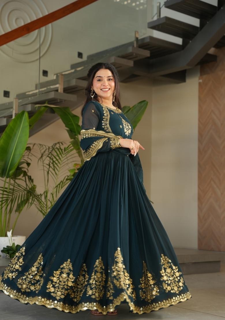 Rama Embroidered Georgette Anarkali With Dupatta - Indya