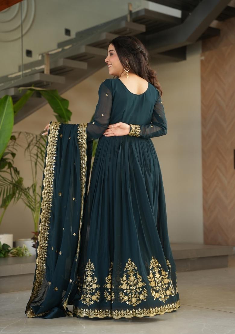 Rama Embroidered Georgette Anarkali With Dupatta - Indya