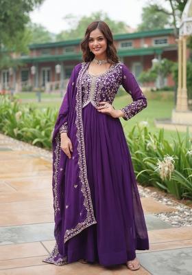 Purple Embroidered Faux Blooming Anarkali With Dupatta