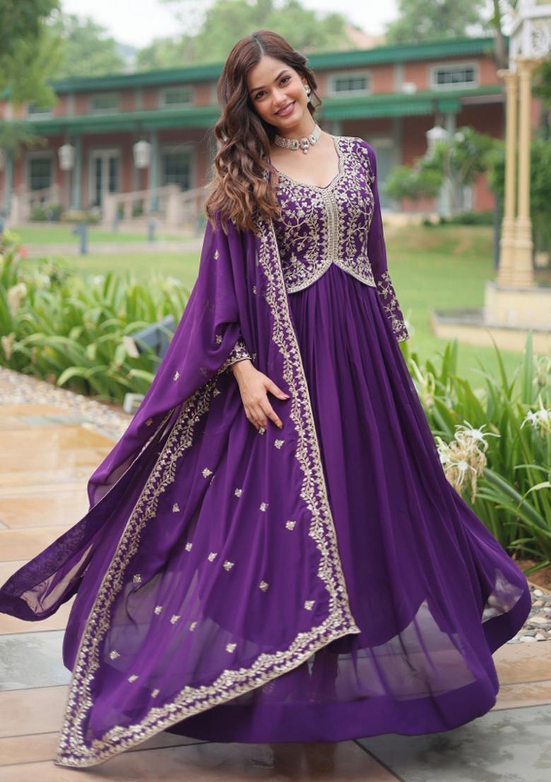 Purple Embroidered Faux Blooming Anarkali With Dupatta - Indya