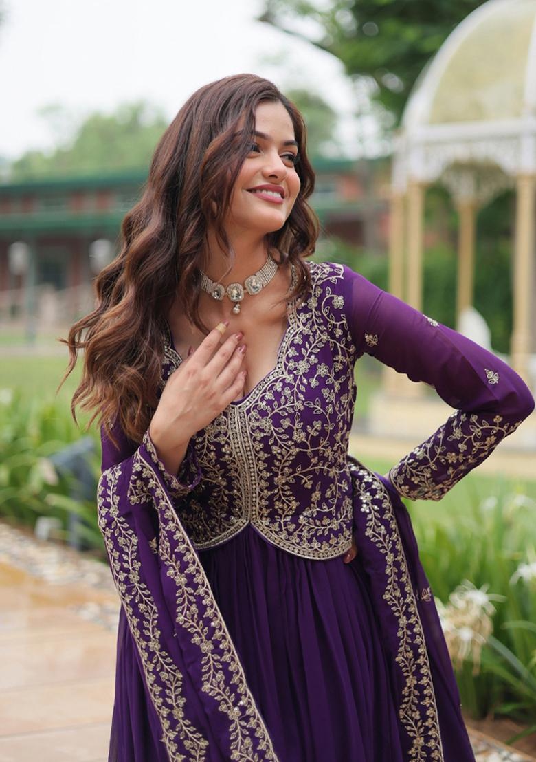 Purple Embroidered Faux Blooming Anarkali With Dupatta - Indya