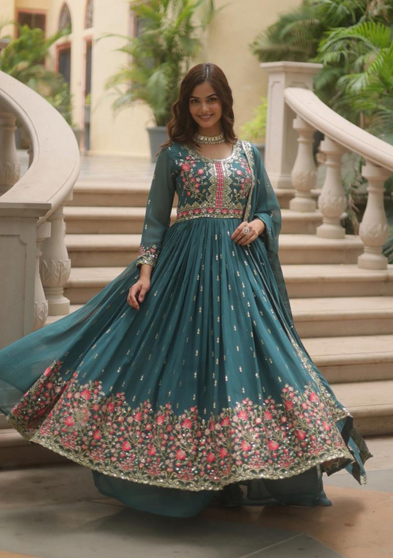 Rama Embroidered Georgette Anarkali Set - Indya