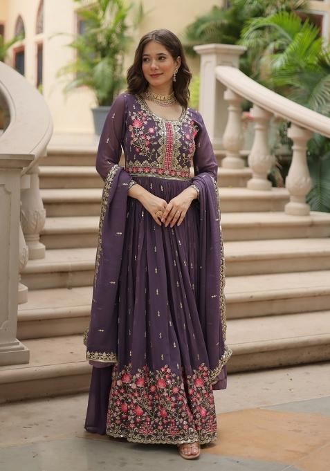 Onion Embroidered Georgette Anarkali Set