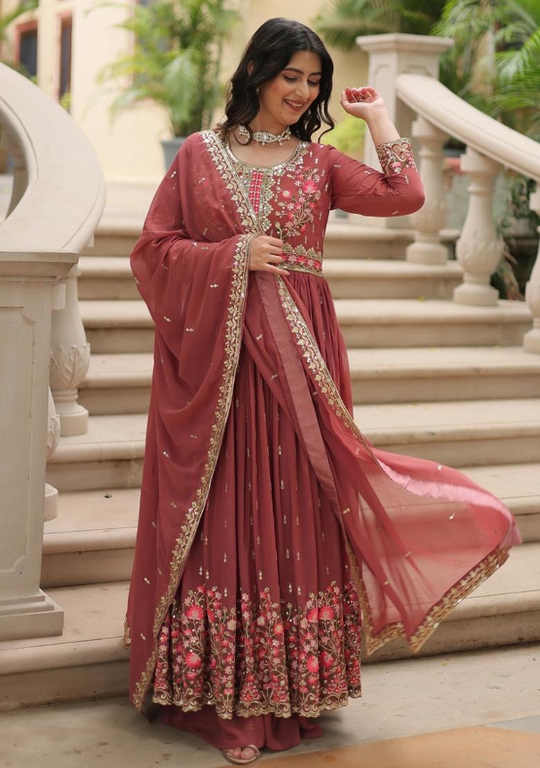 Coffee Embroidered Georgette Anarkali Set - Indya