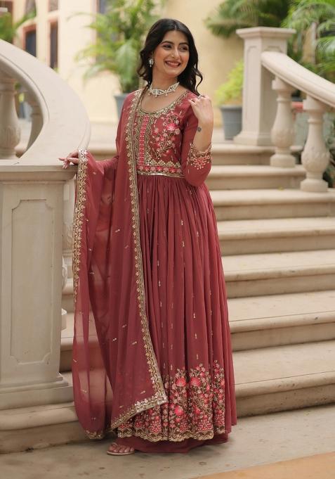 Coffee Embroidered Georgette Anarkali Set