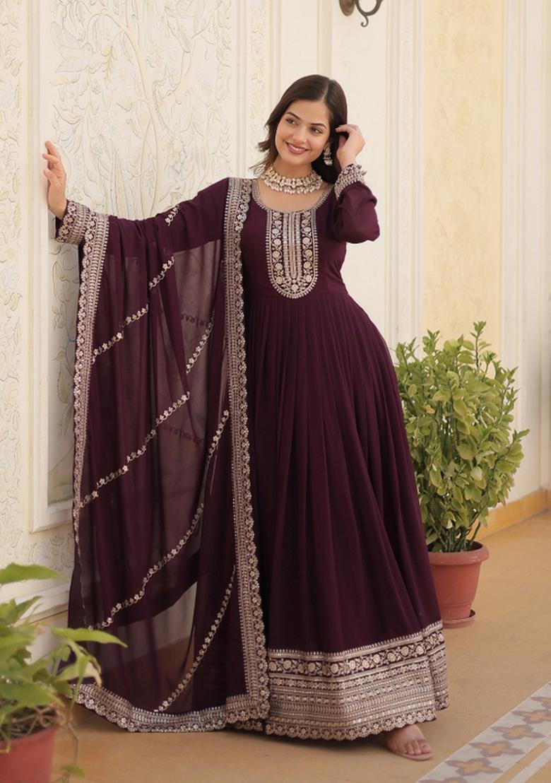 Wine Embroidered Faux Blooming Anarkali With Dupatta - Indya