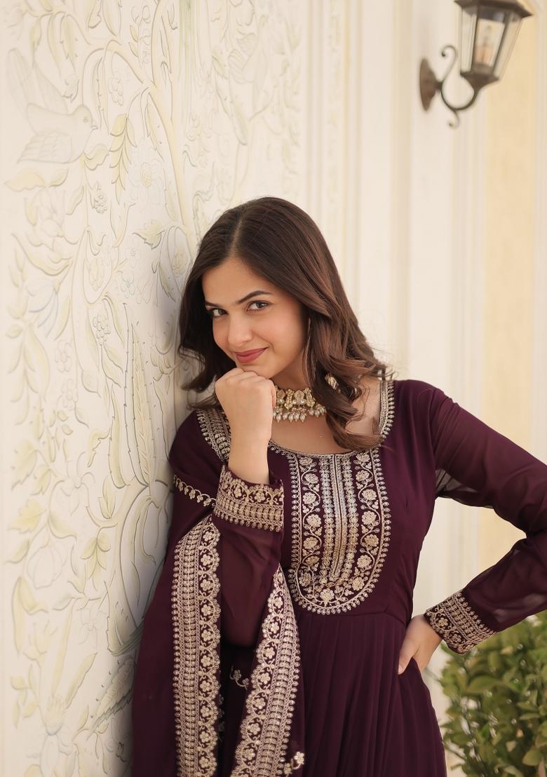 Wine Embroidered Faux Blooming Anarkali With Dupatta - Indya